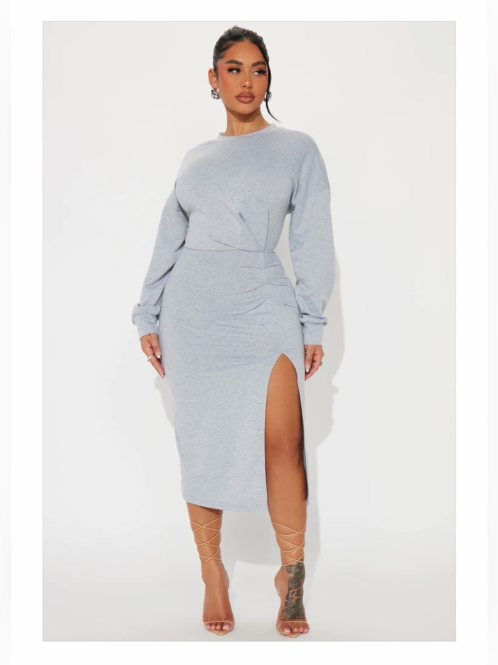 Fashion Nova: Erika Long Sleeve Midi Dress- Heather Grey